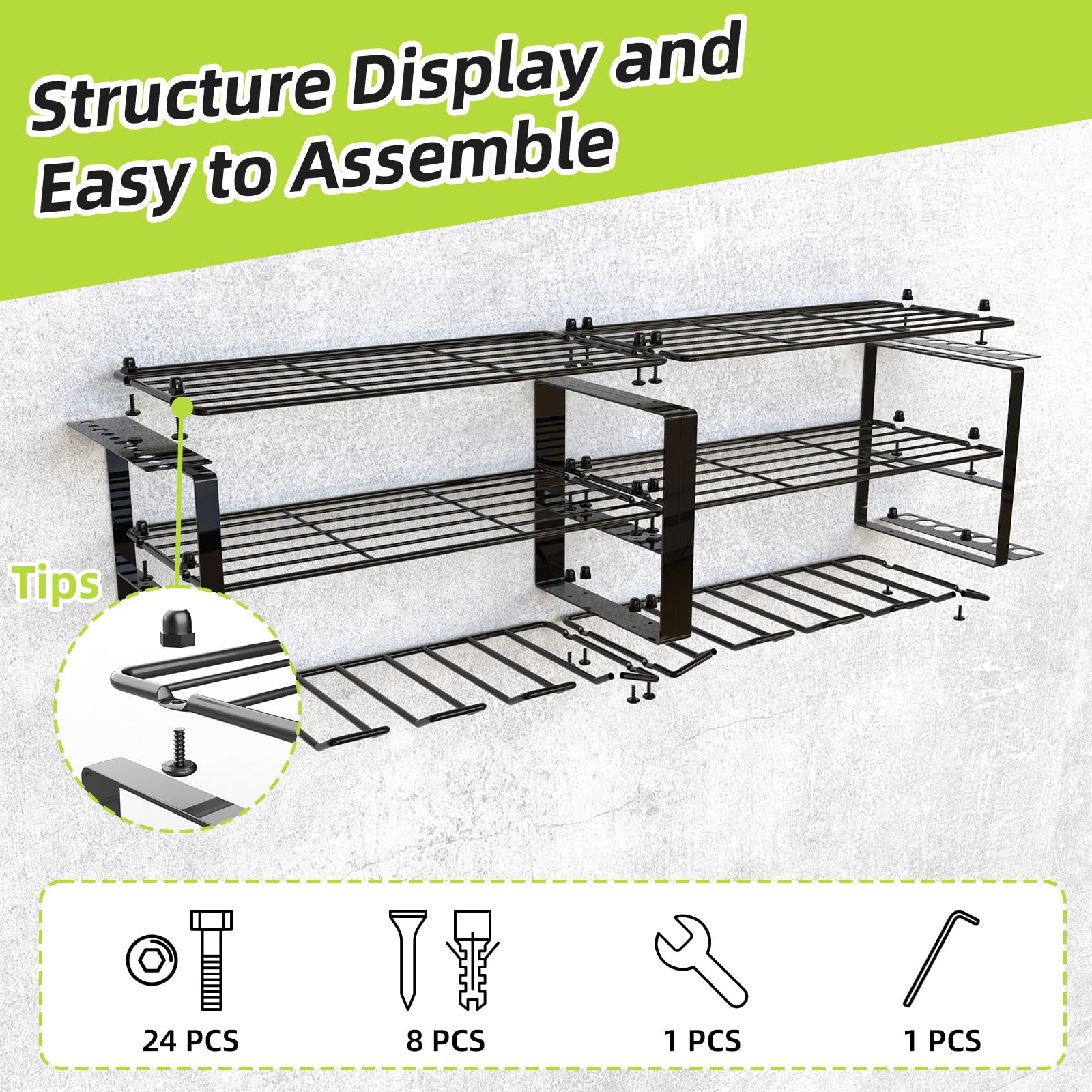 POSHGRAND Power Tool Organizer, 8 Drill Holder Wall Mount, 3 Layers Garage Tool Organizers and Tool Storage Rack, Heavy Duty Metal Tool Shelf for Screwdriver Plier Hammer Holder 17.15" 2 sets