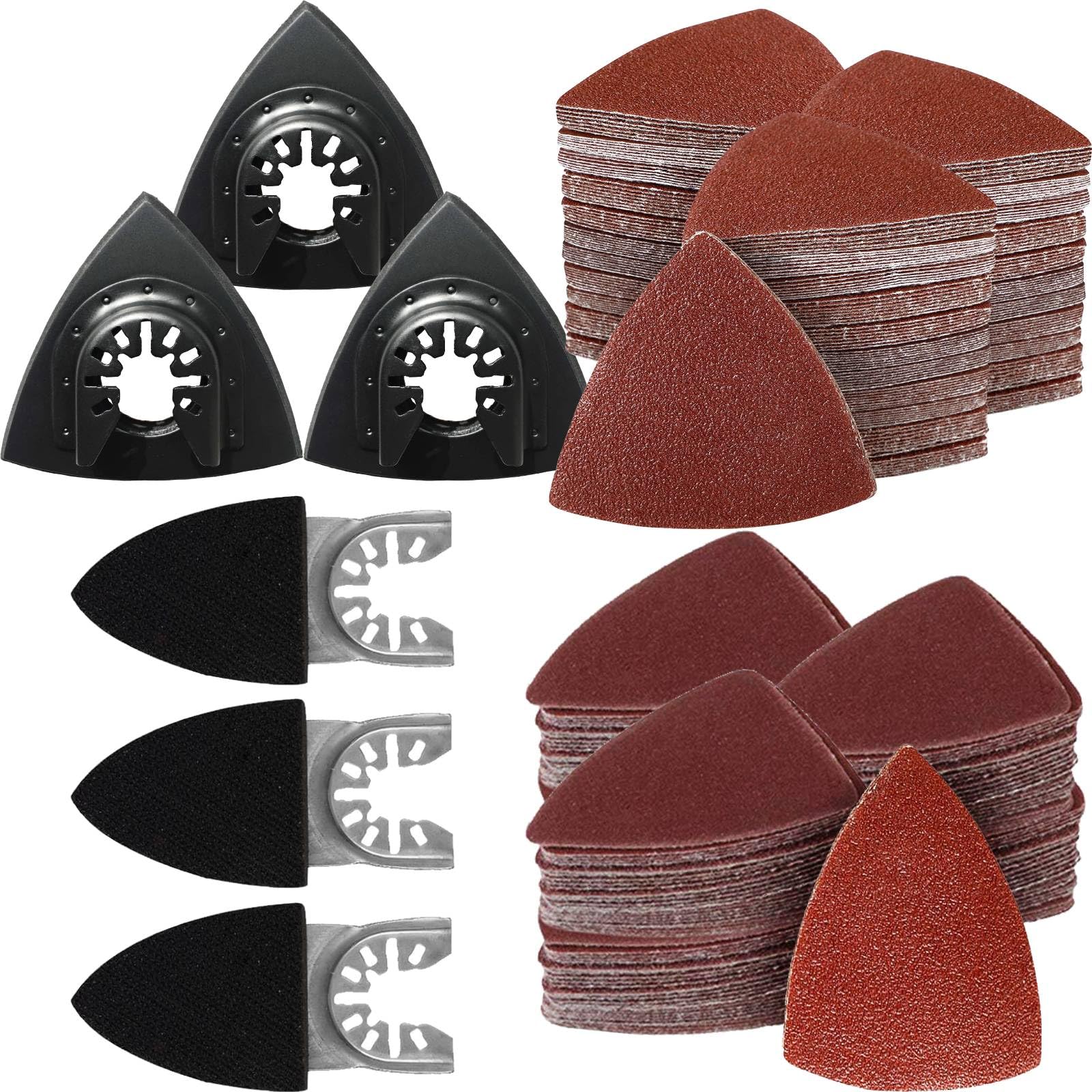 156Pcs Oscillating Tool Sanding Pad Kit, 3Pcs Triangle Sanding Pads and 3Pcs Finger Sanding Pad, 150Pcs Sandpaper, for Wood/Plaster Polish Sanding, & Other Surfaces, Compatible with Multiple Tools