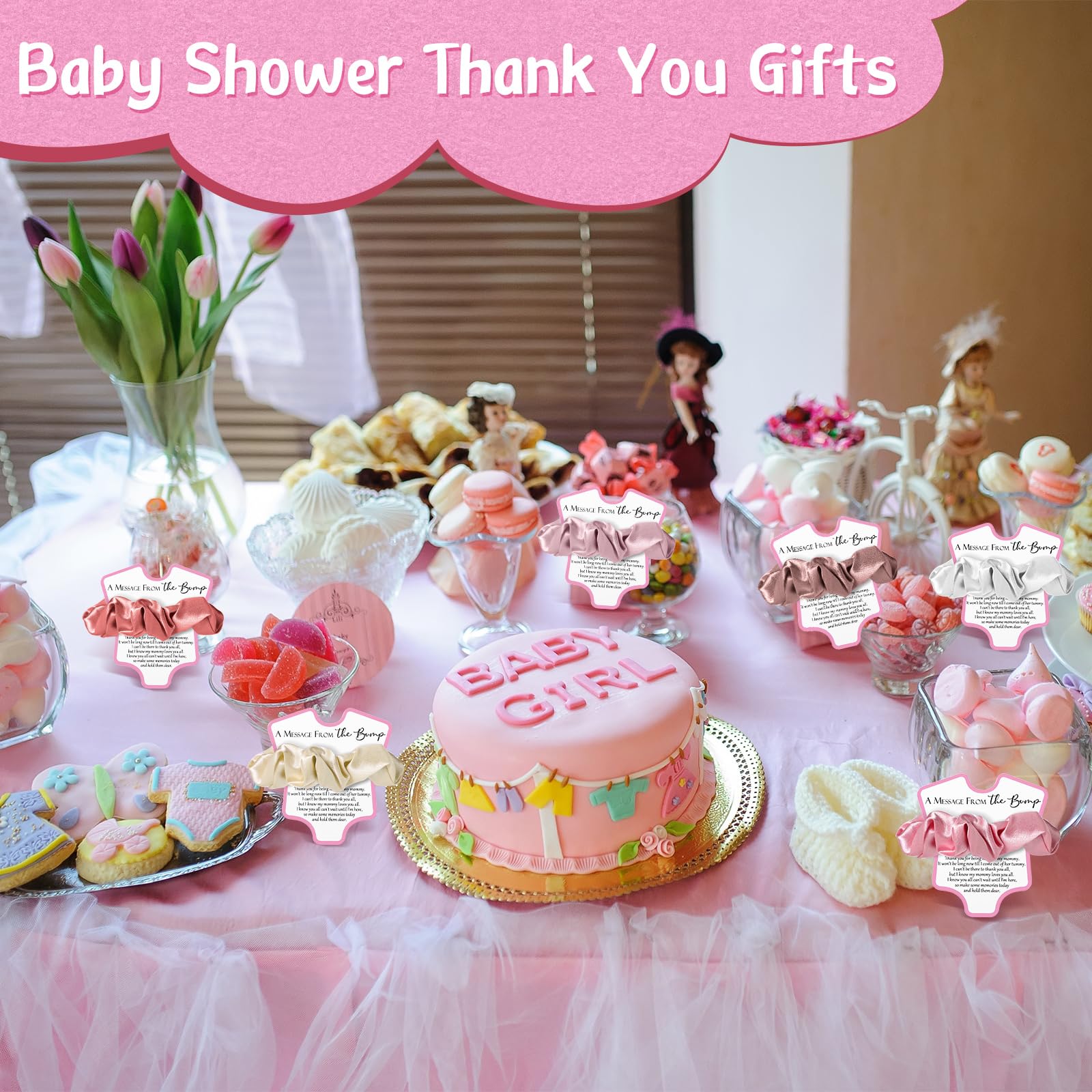 Yinkin 24 Sets Baby Girl Shower Favors 24 Pink Hair Ties Pink Scrunchies 24 Baby Shower Thank You Cards a Message from the Bump Baby Shower Sign Pink Baby Shower Party Favor for Guest Gender Reveal