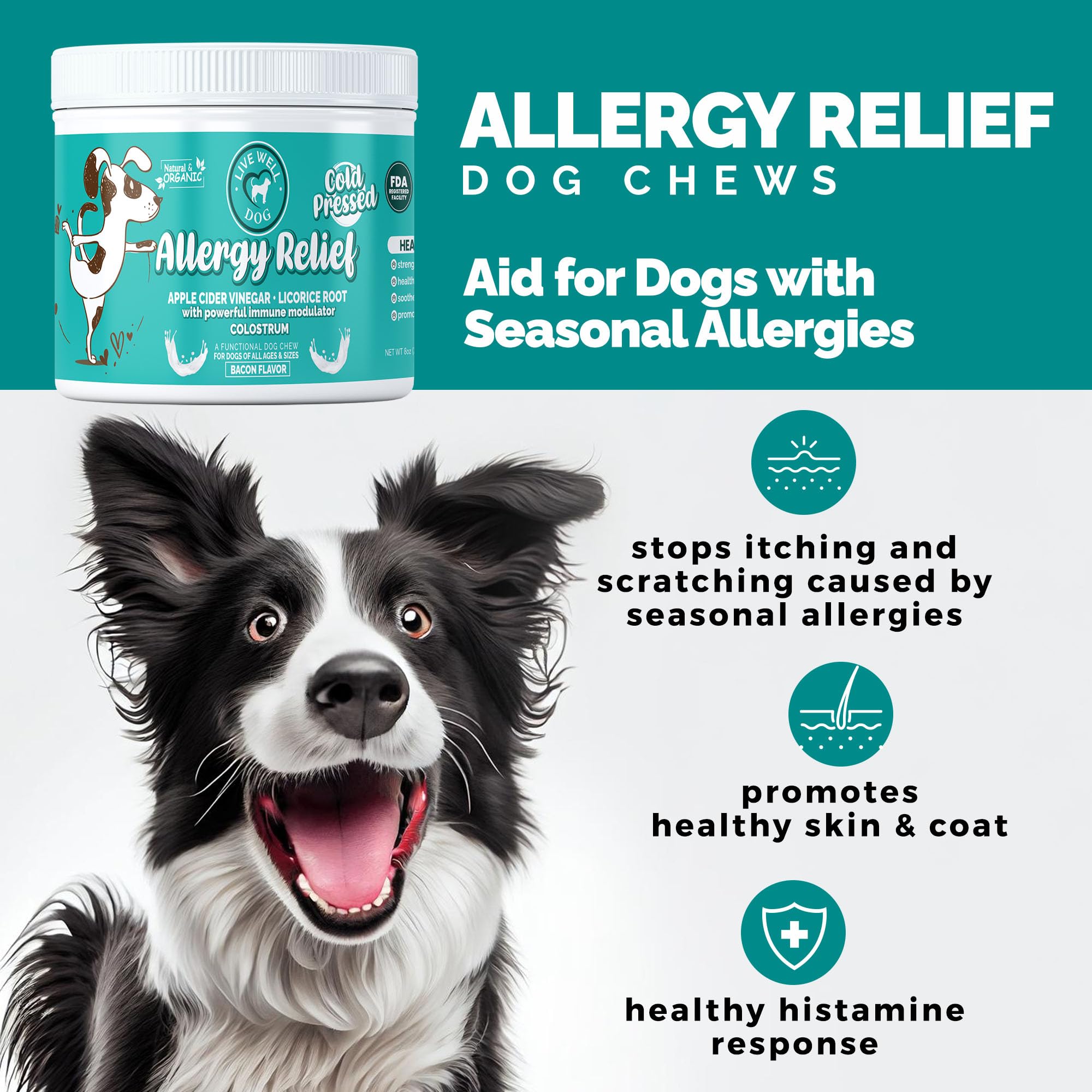 Live Well Dog Allergy Relief Soft Chews for Dogs - Anti Itch Supplement - Apple Cider Vinegar, Licorice Root, Valerian Root, and Colostrum - Soft Chews for Skin & Seasonal Allergies - 120 Count