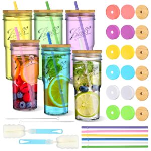 xlsxexcl 6 pack mason jar cups with lids and straws, 24 oz reusable ice coffee cups mason drinking glasses tumbler cups set for boba tea, smoothies, cold brew, beer