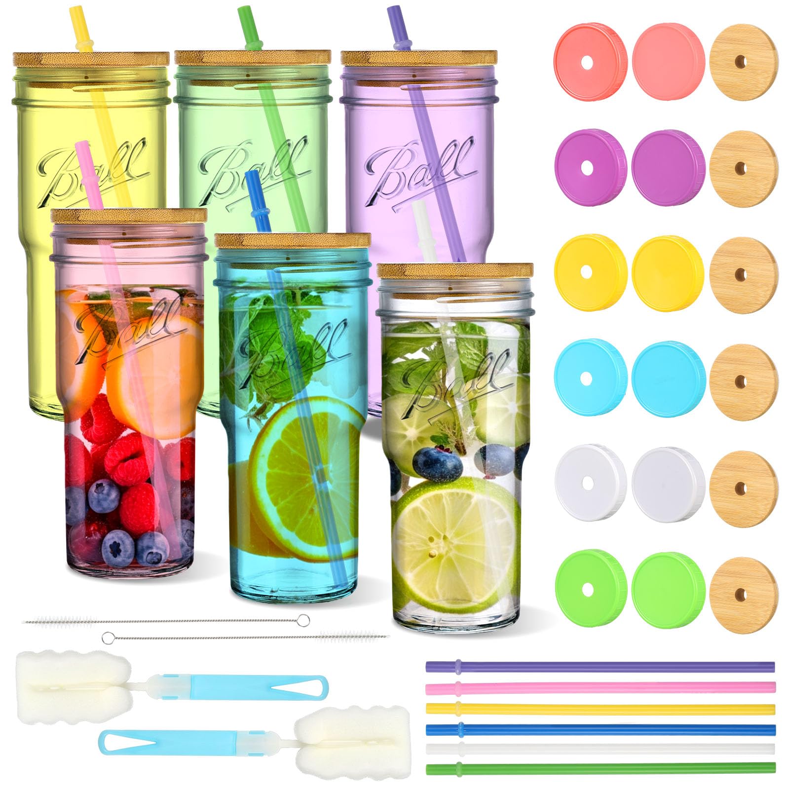 XLSXEXCL 6 Pack Mason Jar Cups with Lids and Straws, 24 OZ Reusable Ice Coffee Cups Mason Drinking Glasses Tumbler Cups Set for Boba Tea, Smoothies, Cold Brew, Beer