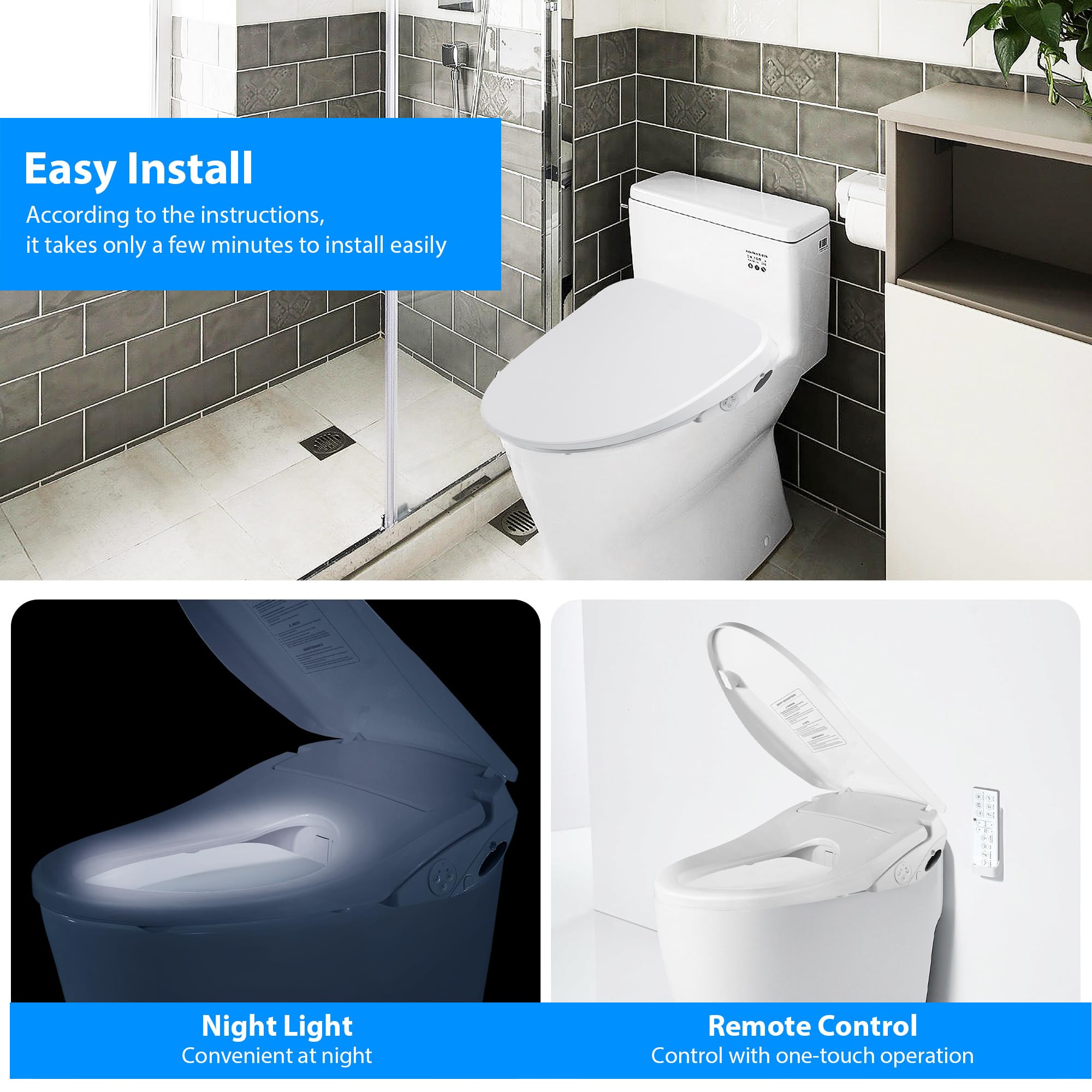 Remote Controlled Electric Bidet Seat for Elongated Toilets, Featuring Electronic Heated Seat, Multiple Spray Modes, Warm Air Dryer, and Adjustable Stainless-Steel Nozzle