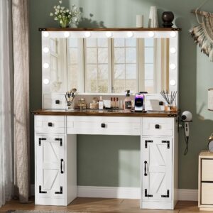 PAKASEPT Makeup Vanity Desk with Mirror and Lights, Glass Tabletop Farmhouse Vanity Table with Drawers, Charging Station, Cabinet for Bedroom，White