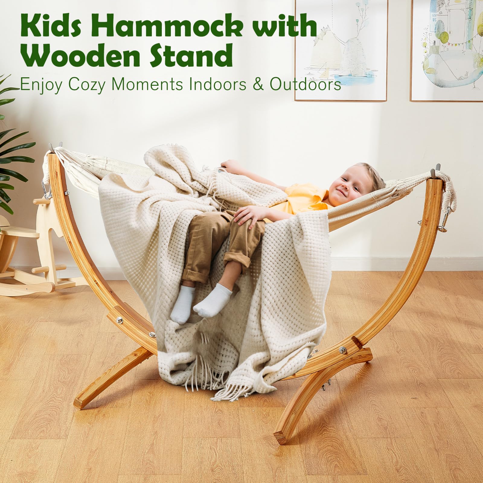 FUNLIO Wooden Hammock with Stand for Kids 3-5 Years, Premium Solid Wood Kids Hammock Chair Stand, Stable Structure, Wider & Longer Children Hammock, 220lbs Capacity, CPC Certified