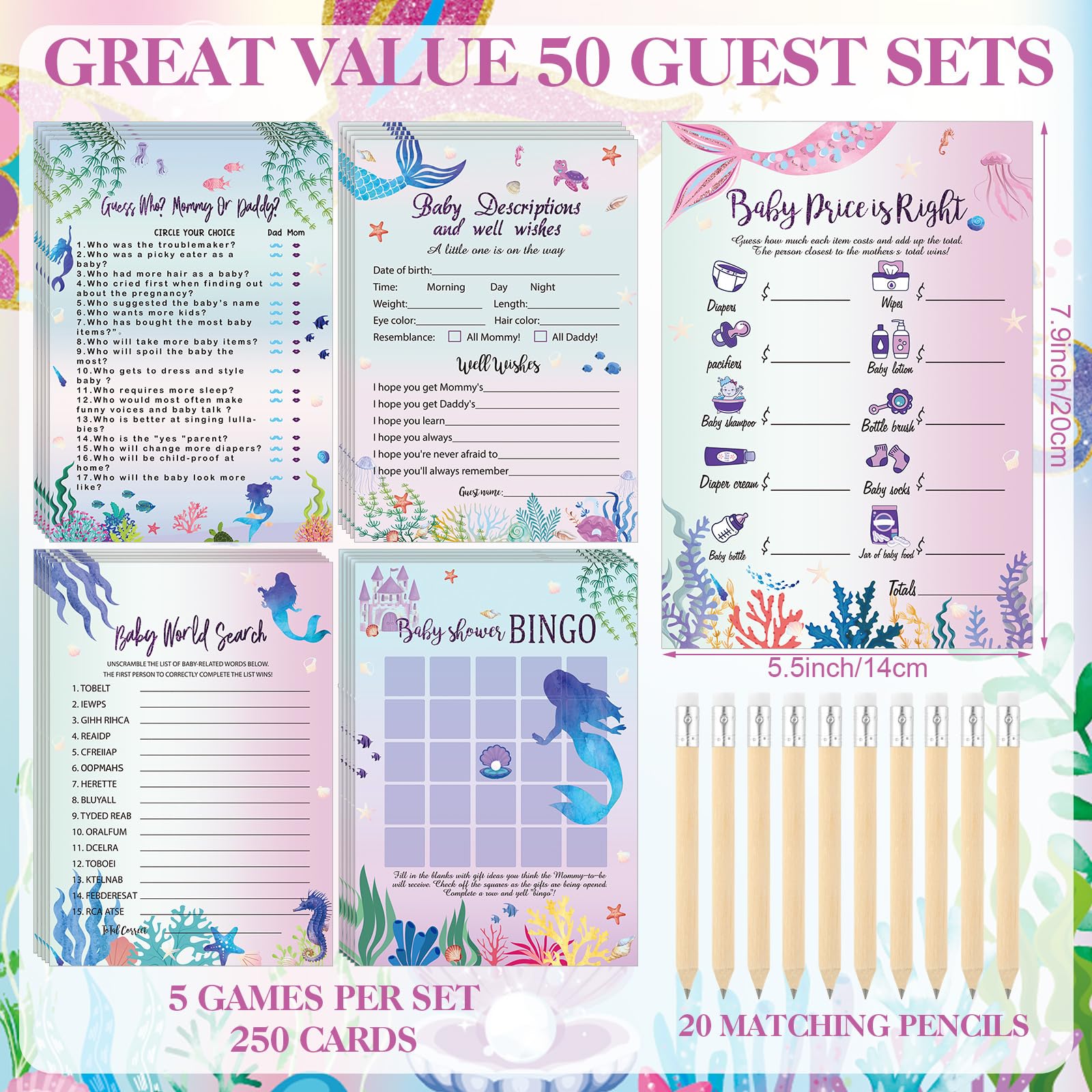 Patelai 321 Pcs Baby Shower Games Supplies, 5 Sets (50 Cards Each) Activities Cards with 20 Pencils 1 Don't Say Baby Sign 50 Clothespin(Mermaid)