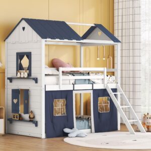 harper & bright designs house twin loft bunk bed with tent, kids loft bed with ladders,guardrail, windows and roof, wood twin over twin playhouse bunk bed for kids teens boys & girls (blue & white)