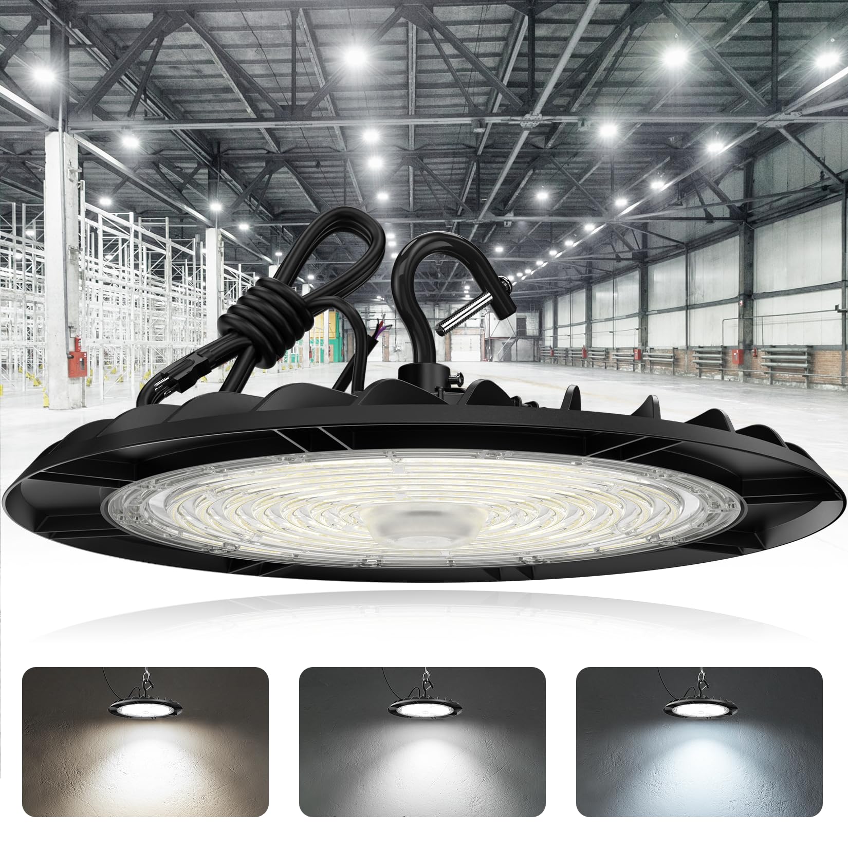 Hylele UFO LED High Bay Shop Light 200W/150W/100W Adjustable 6000K/5000K/4000K Dimmable Commercial Bay Lighting 100-277V Plug&Play for Factory Warehouse