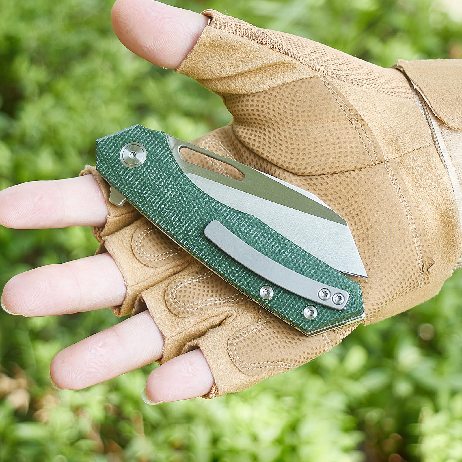 Miguron Knives M Keryx Flipper Folding Knife 3.17" Satin 14C28N Blade Green Micarta Handle With Titanium Pocket Clip Camping Hiking Pocket Knife MGR-813MGN