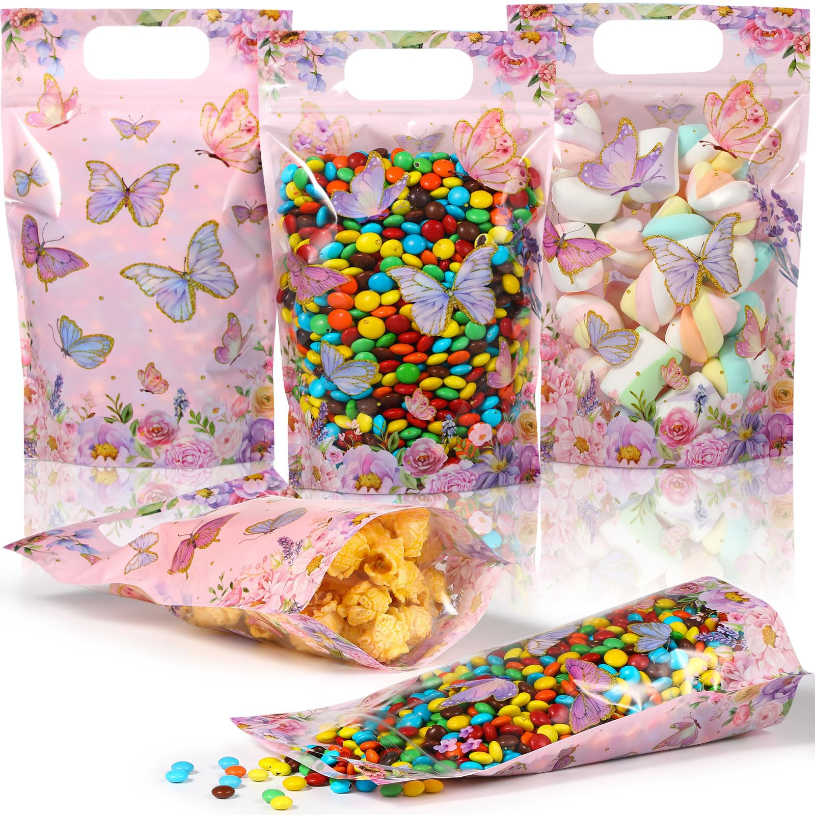 Windyun 50 Pcs Butterfly Zip Lock Bags Stand up Butterfly Theme Pouch Bags Resealable Butterfly Sealing Gift Bags with Transparent Window and Handles for Butterfly Theme Birthday Party Supplies Decor