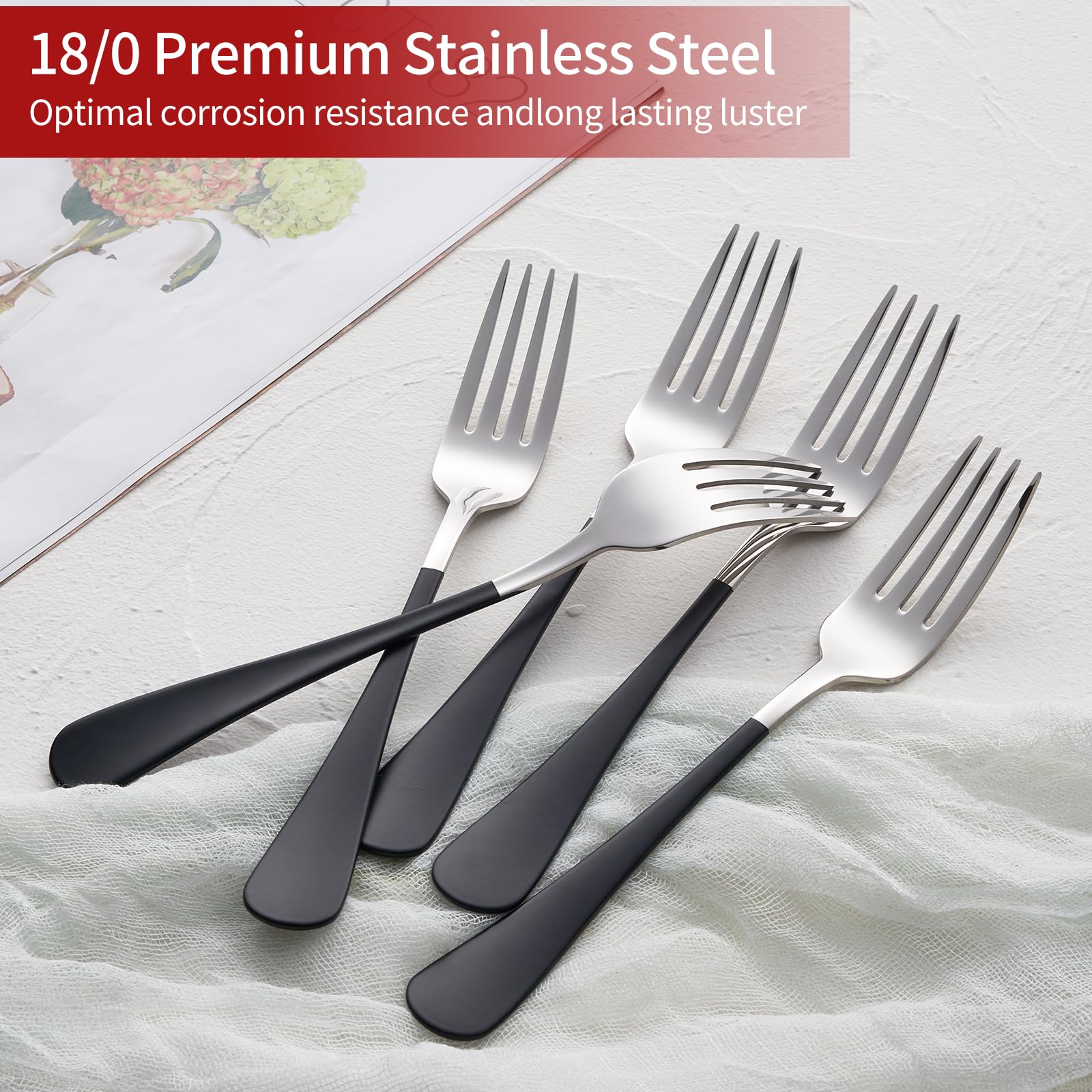 Onlycooker 24 piece Black Forks and Spoons Silverware Set,Black Handle Silverware Forks and Spoons 18/0 Stainless Steel Flatware Bulk Forksand Spoons Dessert Forks and Table Spoon Set of 24