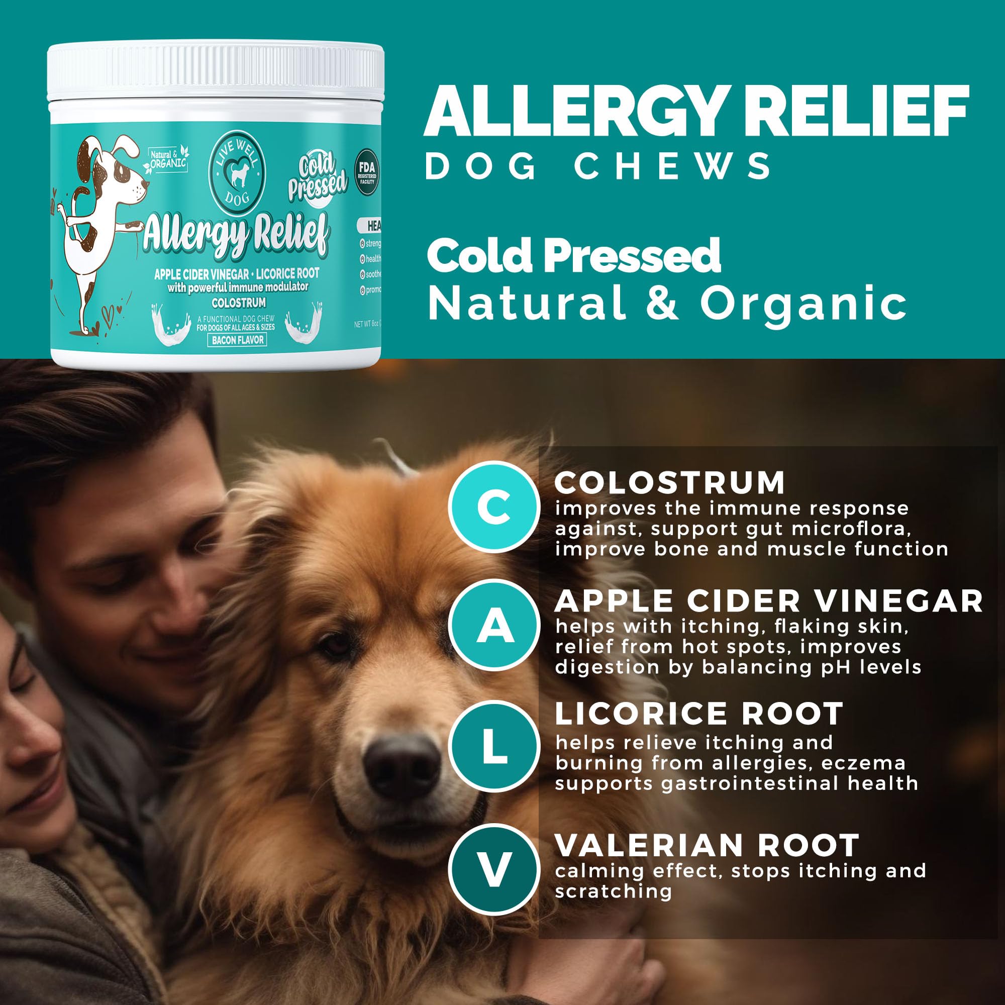 Live Well Dog Allergy Relief Soft Chews for Dogs - Anti Itch Supplement - Apple Cider Vinegar, Licorice Root, Valerian Root, and Colostrum - Soft Chews for Skin & Seasonal Allergies - 120 Count