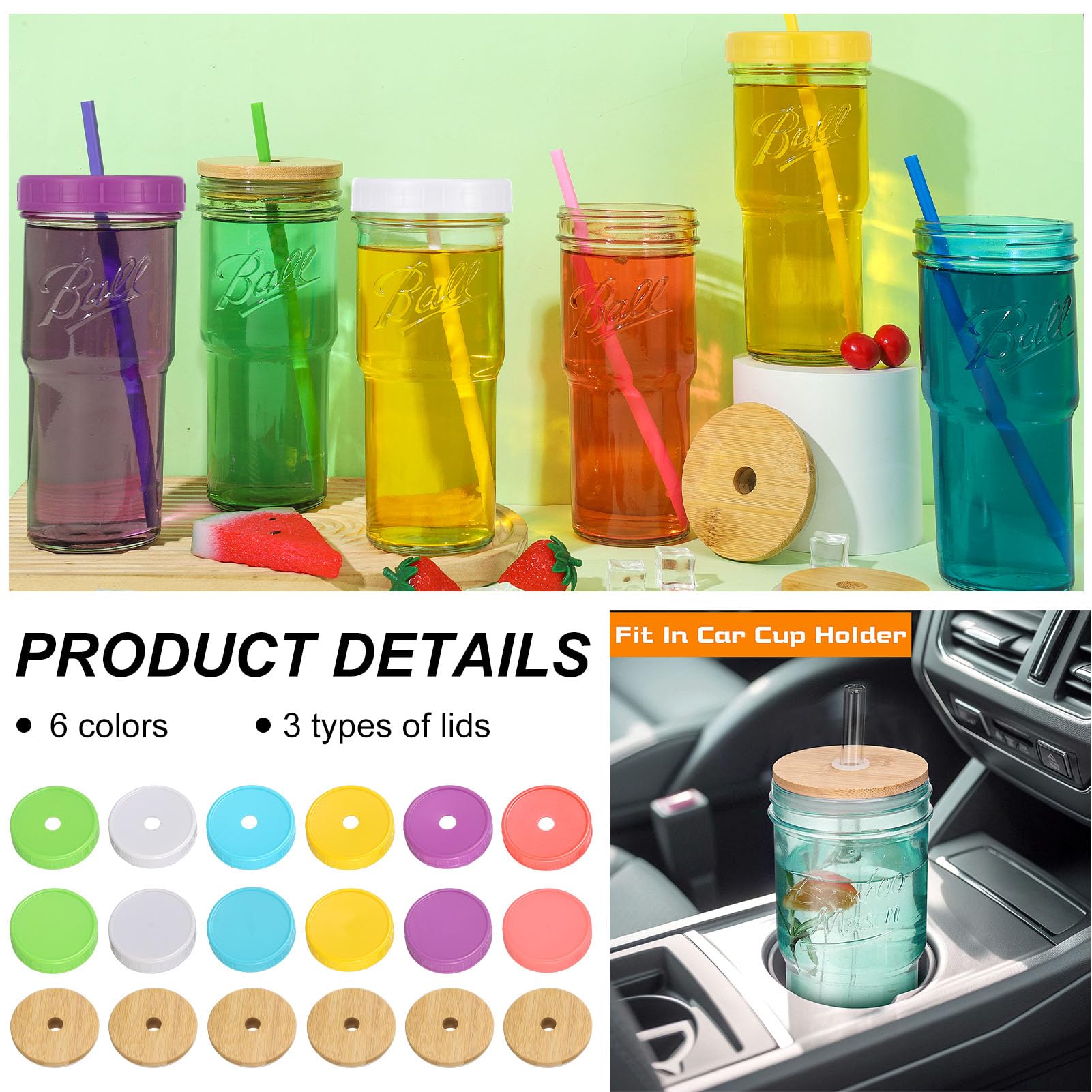 XLSXEXCL 6 Pack Mason Jar Cups with Lids and Straws, 24 OZ Reusable Ice Coffee Cups Mason Drinking Glasses Tumbler Cups Set for Boba Tea, Smoothies, Cold Brew, Beer