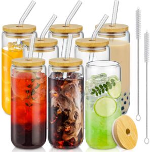 sentvend 20 oz drinking glasses with bamboo lids and glass straw - 8 pcs can shaped glass cups beer & ice coffee glasses cute tumbler cup great for soda boba tea cocktail include 2 cleaning brushes