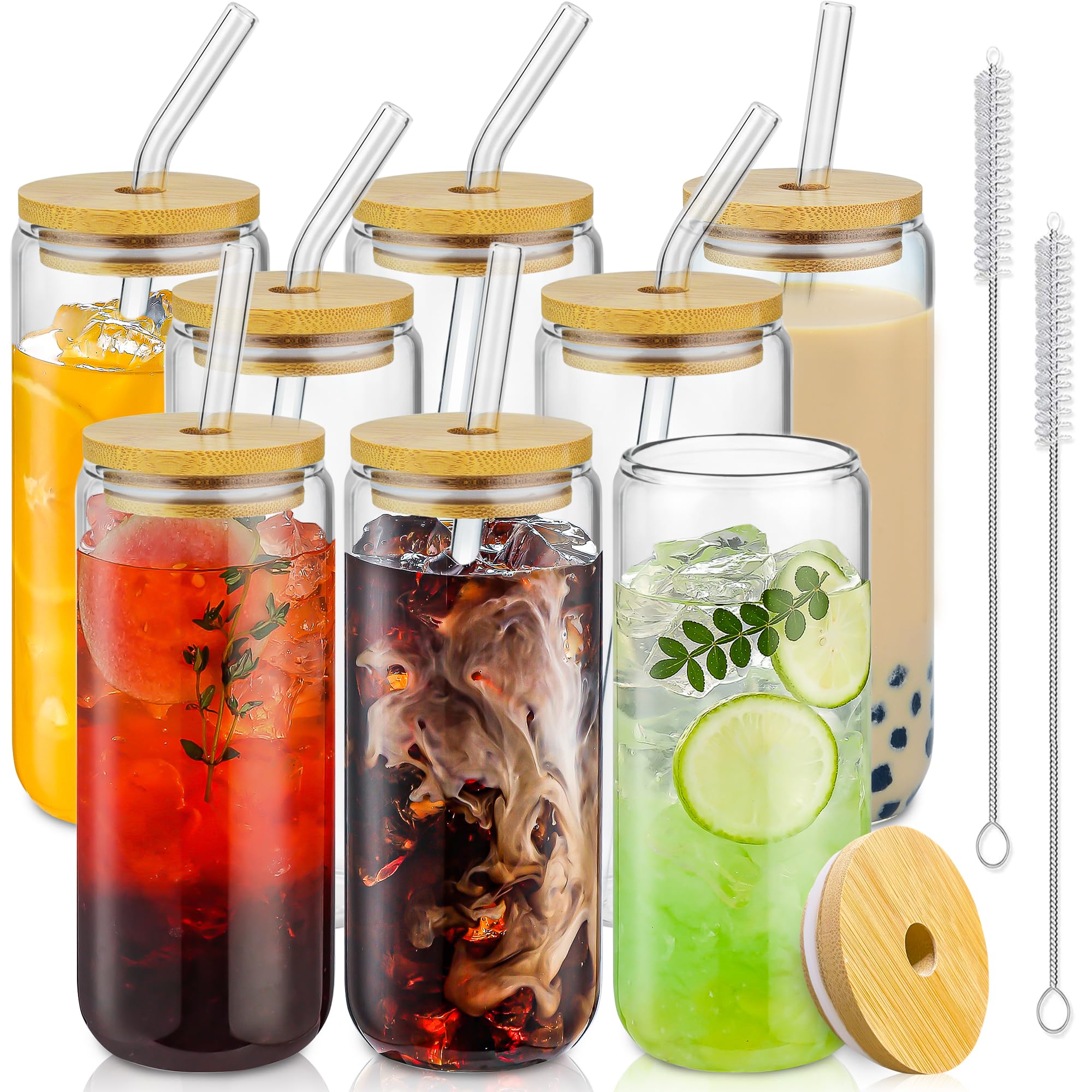 SENTVEND 20 Oz Drinking Glasses with Bamboo Lids and Glass Straw - 8 Pcs Can Shaped Glass Cups Beer & Ice Coffee Glasses Cute Tumbler Cup Great for Soda Boba Tea Cocktail Include 2 Cleaning Brushes