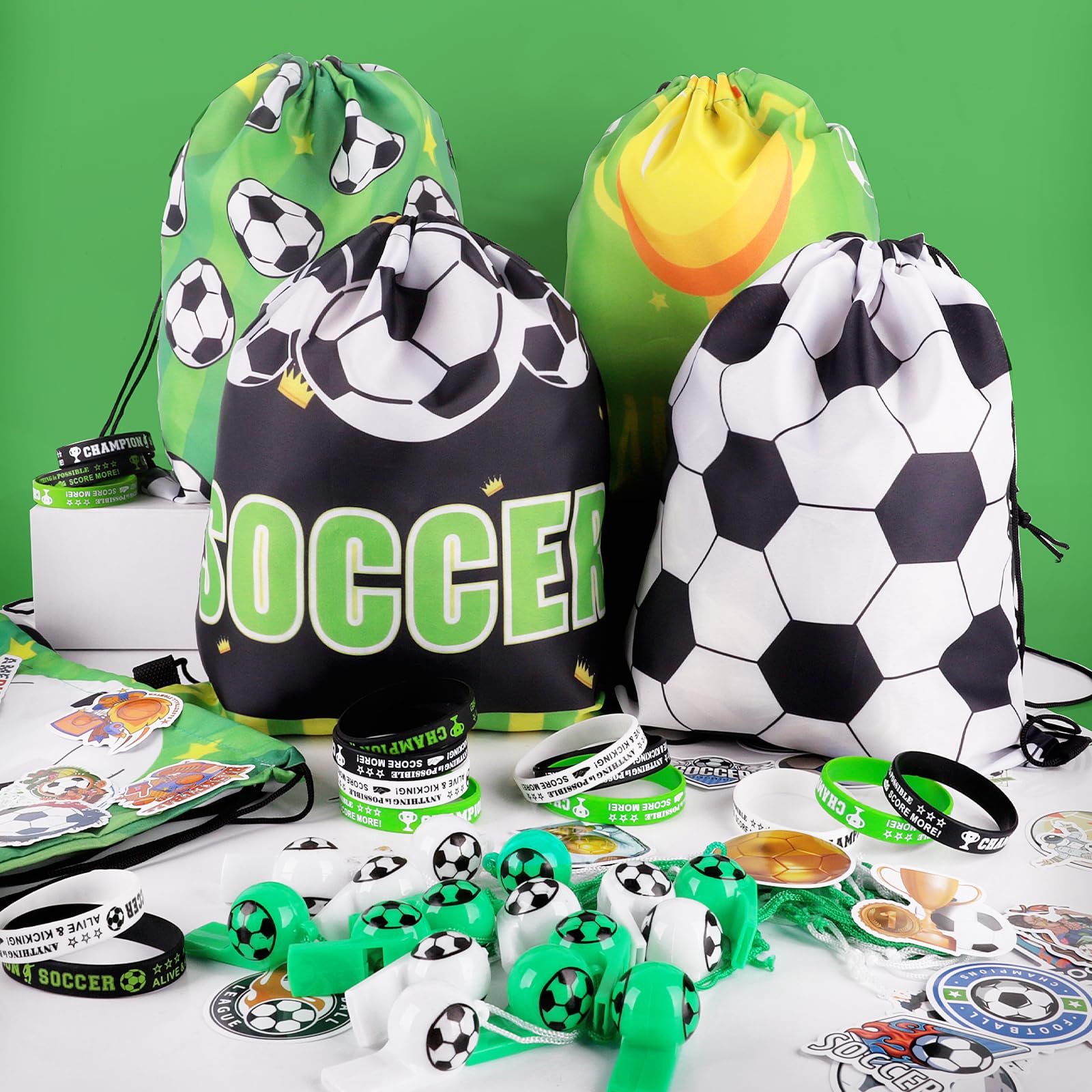 Miucat 98Pcs Soccer Party Favors, Soccer Drawstring Bags with Silicone Bracelet Soccer Whistles Stickers Soccer Goodie Bags for Soccer Party Decorations Supplies