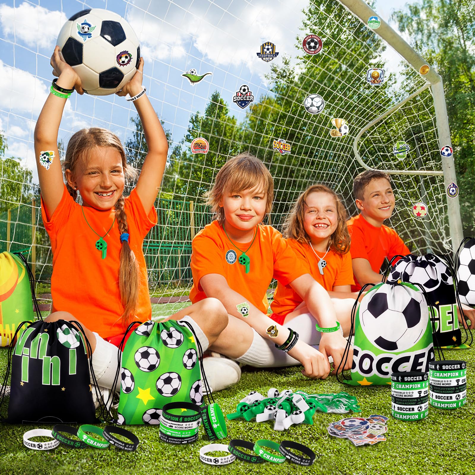 Miucat 98Pcs Soccer Party Favors, Soccer Drawstring Bags with Silicone Bracelet Soccer Whistles Stickers Soccer Goodie Bags for Soccer Party Decorations Supplies