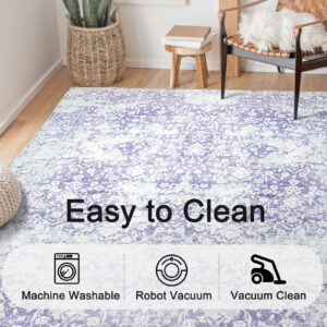 DUKINO Washable Area Rug 5x7, Boho Low-Pile Rugs for Living Room, Non Slip Rubber Backing Carpet, Soft Vintage Nursery Rug for Living Room, Bedroom, Dining Room, and Office - Purple