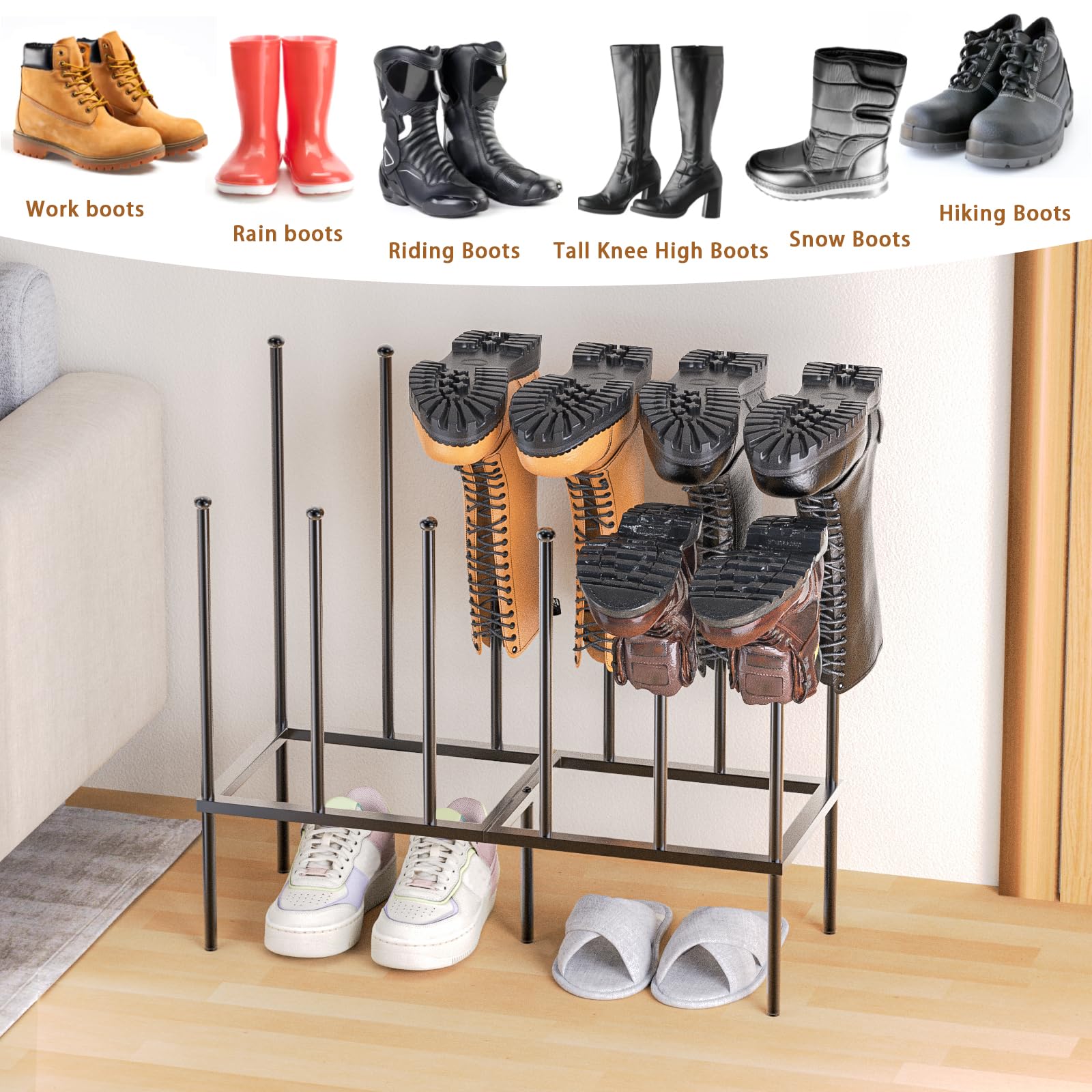 Eazy2hD Free Standing Shoe Racks for Boots -Black Metal Rack Organizer Tall Boot Rack for Dorm Room, Closet, Bedroom, Entryway, Patio Outdoor, Shoe Storage Fit for 6 Pairs Assembly Required