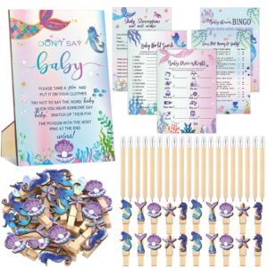 patelai 321 pcs baby shower games supplies, 5 sets (50 cards each) activities cards with 20 pencils 1 don't say baby sign 50 clothespin(mermaid)