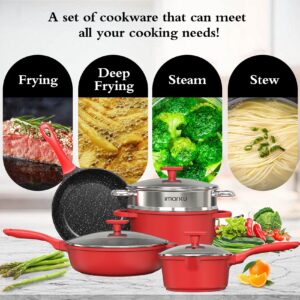 imarku Pots and Pans Set,11PC Kitchen Cookware Set Nonstick, Cooking Pot Pan Set with Stay-Cool Handle,PFOA Free Pans Set with Granite Coating,Red