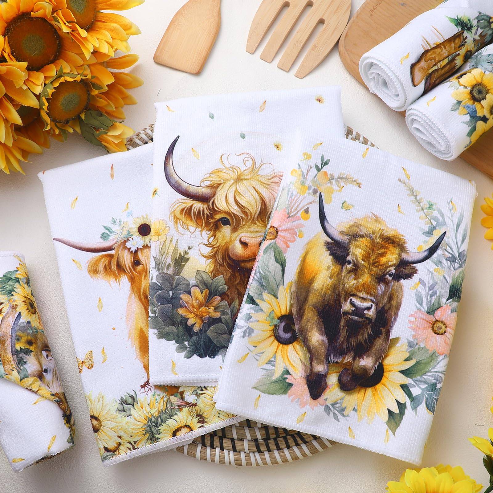 Redbaker Set of 6 Highland Cattle Kitchen Towels Highland Cow Themed Dish Towels Absorbent Farm Cattle Watercolor Floral Tea Towel Sunflower Hand Towels Housewarming Gift for Farmhouse Kitchen