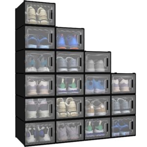 yitahome 18 pack shoe storage boxes fit up to us size 13, stackable plastic shoe organizer box, space saving sneaker containers for bedroom, entryway, closet (black, medium)