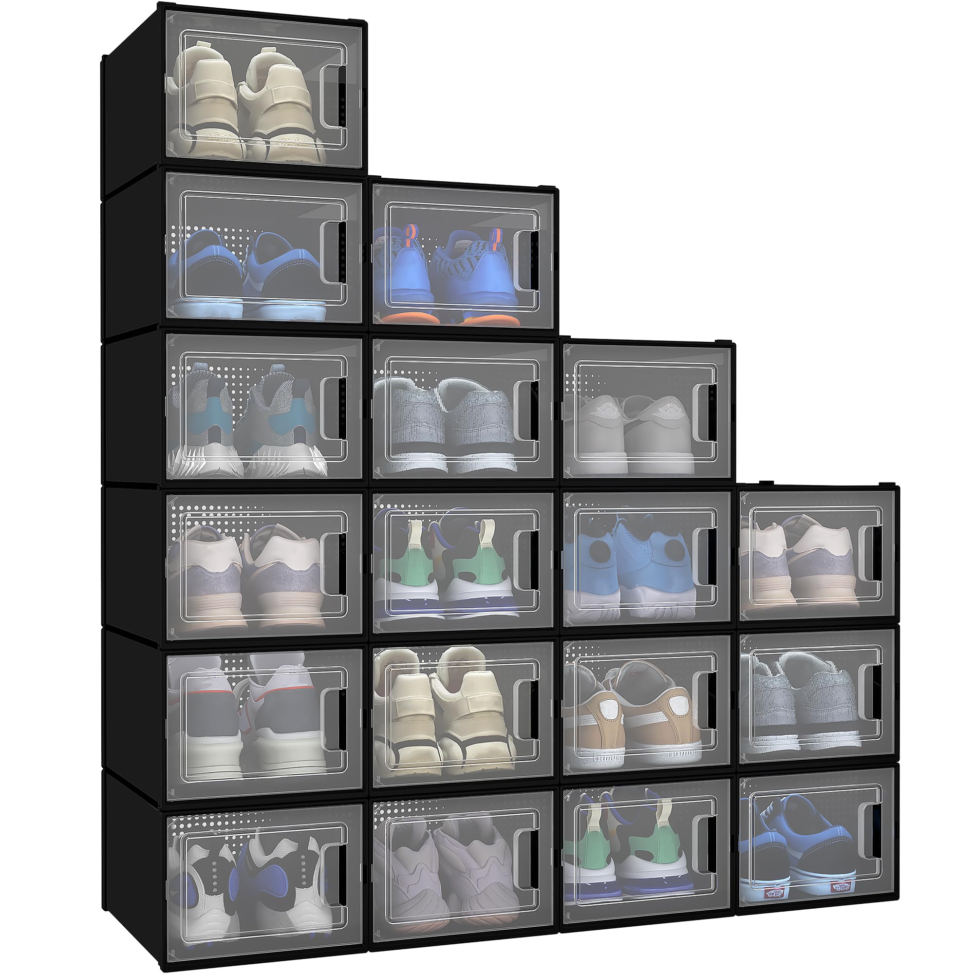 YITAHOME 18 Pack Shoe Storage Boxes Fit up to US Size 13, Stackable Plastic Shoe Organizer Box, Space Saving Sneaker Containers for Bedroom, Entryway, Closet (Black, Medium)