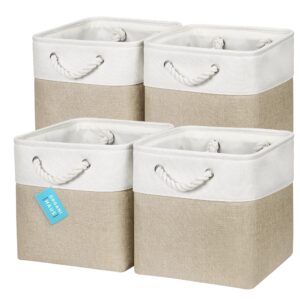 organihaus storage cubes 11x11x11 set of 4, cube organizer bins for nursery decor, fabric cube baskets for shelves, foldable storage cubes for kallax organizer cube bins w rope handles beige/white