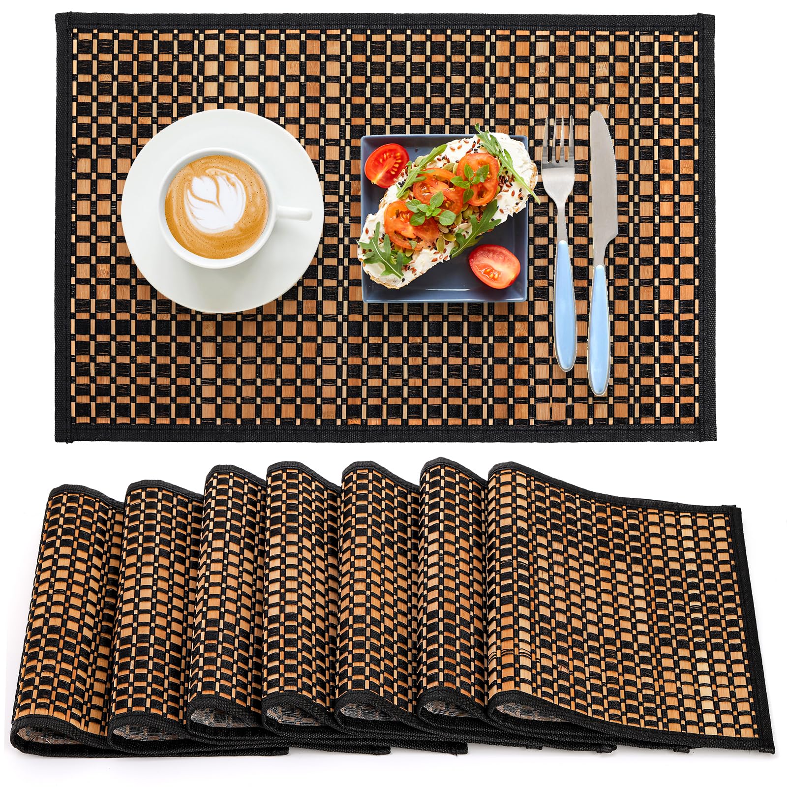 Eorbow 8 Pack Bamboo Placemats, Natural Anti-Slip Dining Table Mats, Rustic Heat-Resistant Place Mats, Japanese Style Washable Placemats for Dining Room, Kitchen, Restaurant, 18 x 12 Inch