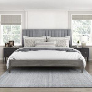 lexicon california king bed frame with vertical channel tufted velvet headboard, modern bed frame, wood platform bed, no box spring needed, easy assembly, grey