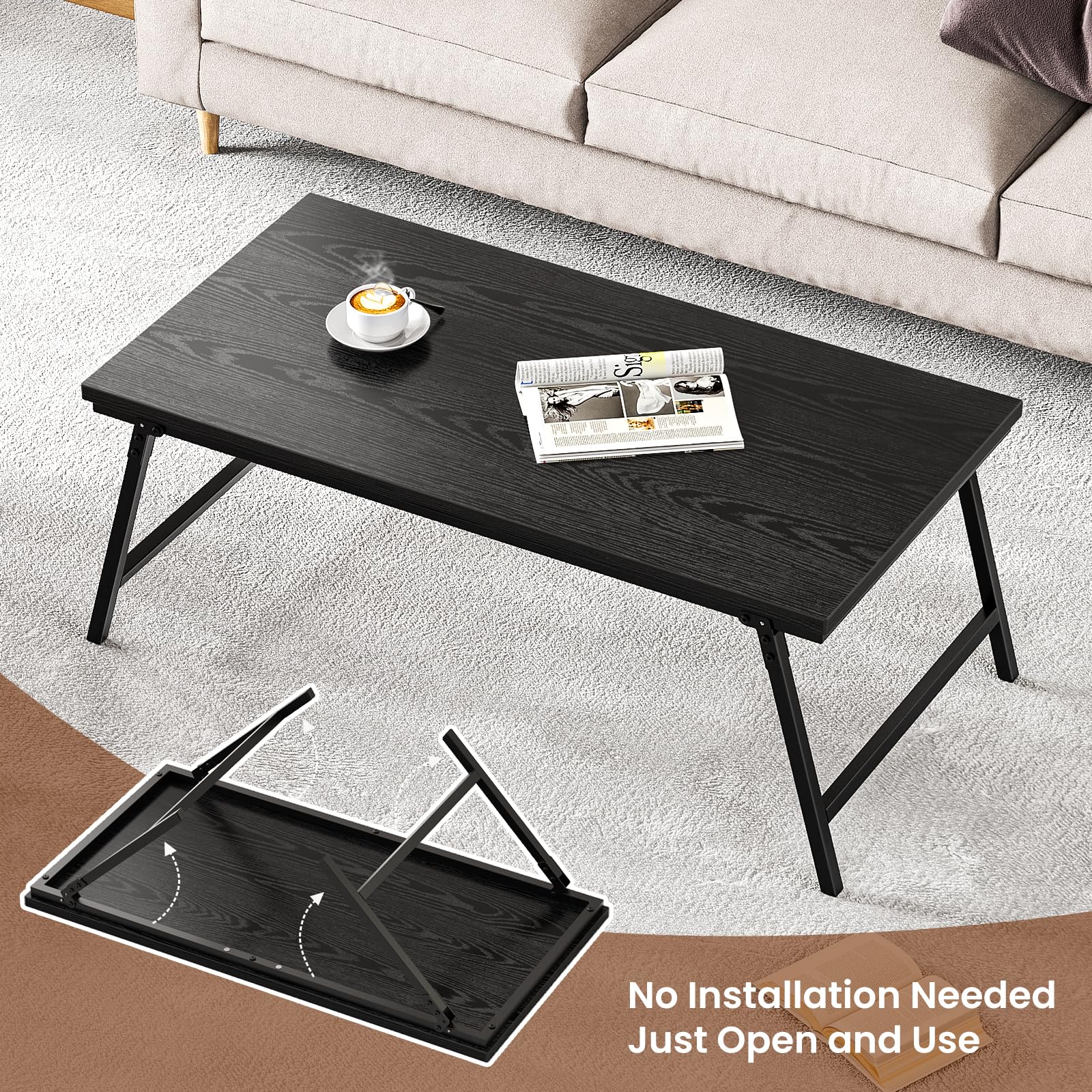 ALLSTAND Folding Coffee Table, Leg Latches Portable Sturdy Floor Table Desk for Sitting on The Floor, No Assembly Low Coffee Table for Living Room, Home, Office, 41.34L×21.65W×15.75H (Black)