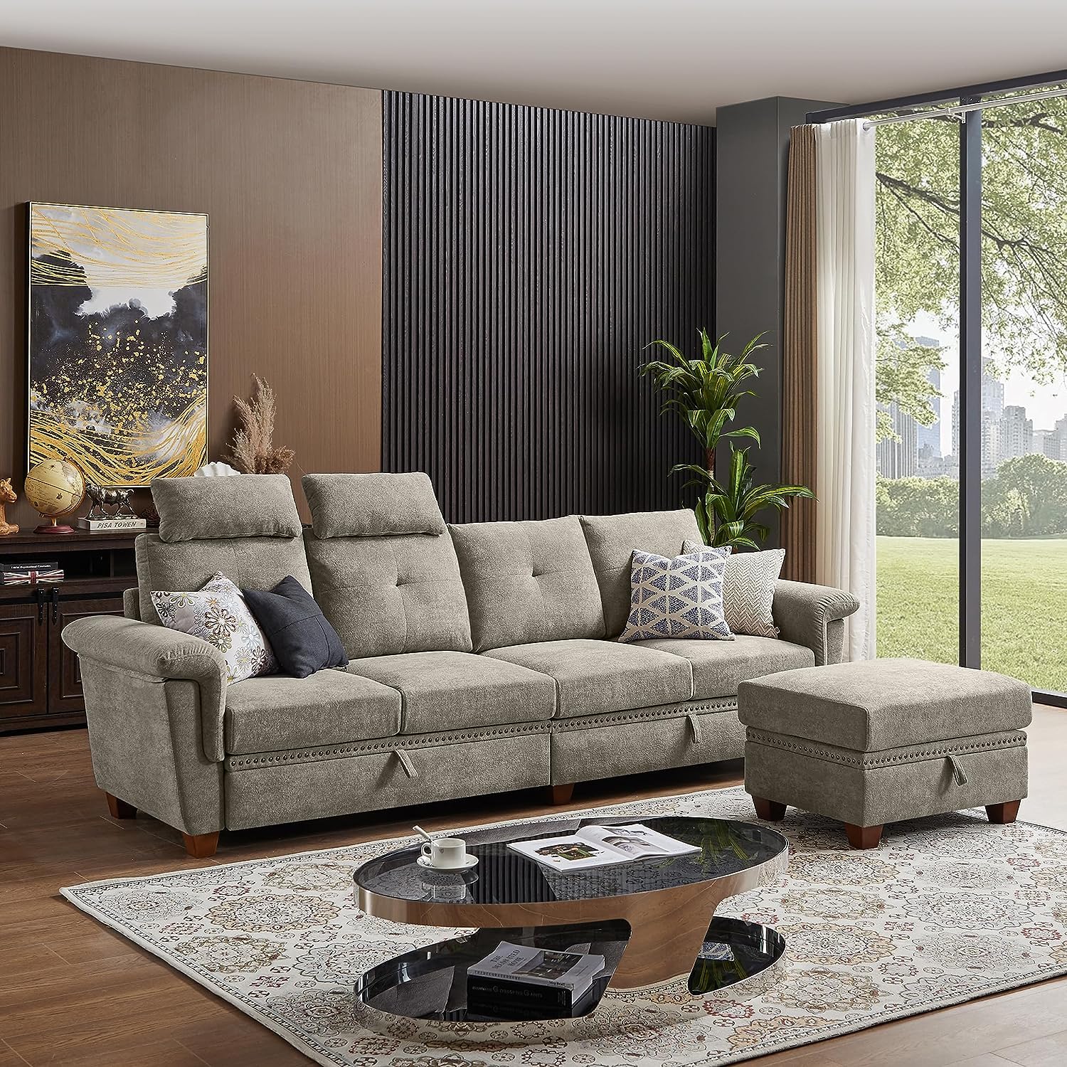 Soscana Convertible Sectional Sofa with Storage, 4 Seat L Shaped Couch with Chaise and Cup Holder, Modern Microfiber Fabric Sofas Couches for Living Room, Beige