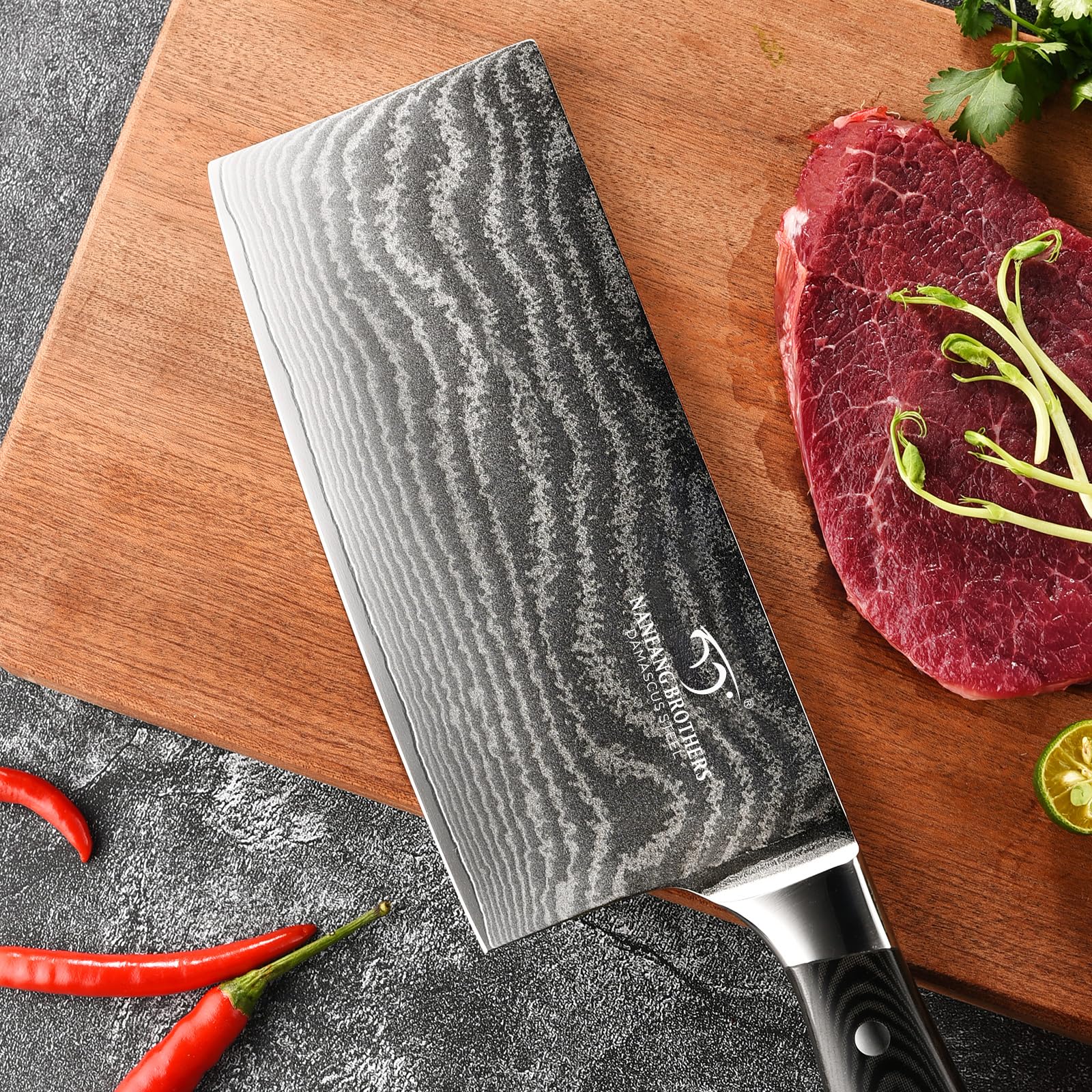 Damascus Cleaver Knife, 7 Inch Professional Kitchen Knife with Non-slip Micarta Wood Ergonomic Handle, All Purpose Chef Knife Meat Cleaver Vegetables Chopping, Razor Sharp Lightweight