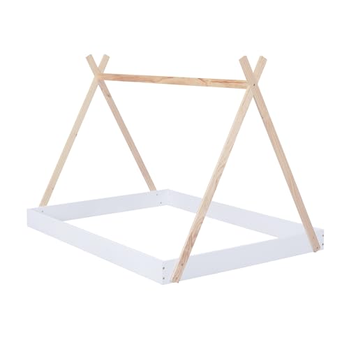 RORIGAT Full Size Tent Floor Bed with Triangle Structure,Wood Bed Frame for Girls and Boys,White+Natural