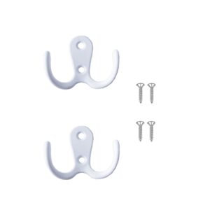 lansonee 2 pcs double prong robe hooks, dual coat hooks wall mounted hanging clothes for bathroom bedroom door wall retro metal cloth hanger double coat hooks with 4 screws (white)