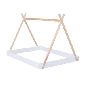 RORIGAT Full Size Tent Floor Bed with Triangle Structure,Wood Bed Frame for Girls and Boys,White+Natural