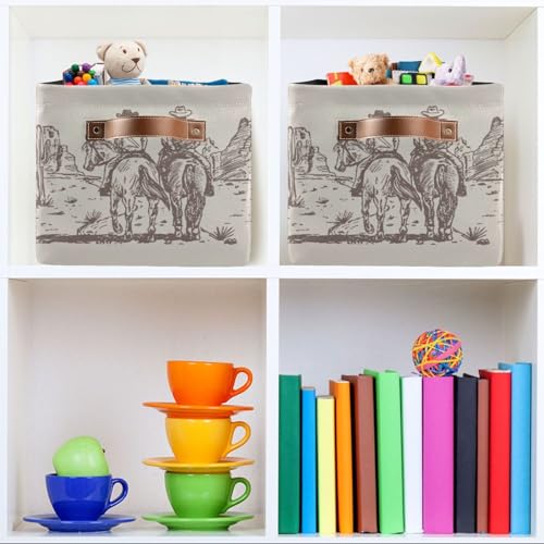 Western Desert Cowboy Storage Basket Cube Storage Bins Organizer Bag Collapsible Closet Shelf Baskets with handle for Baby Cloth Pet Toy Book 14.2×10.2×8.3 IN