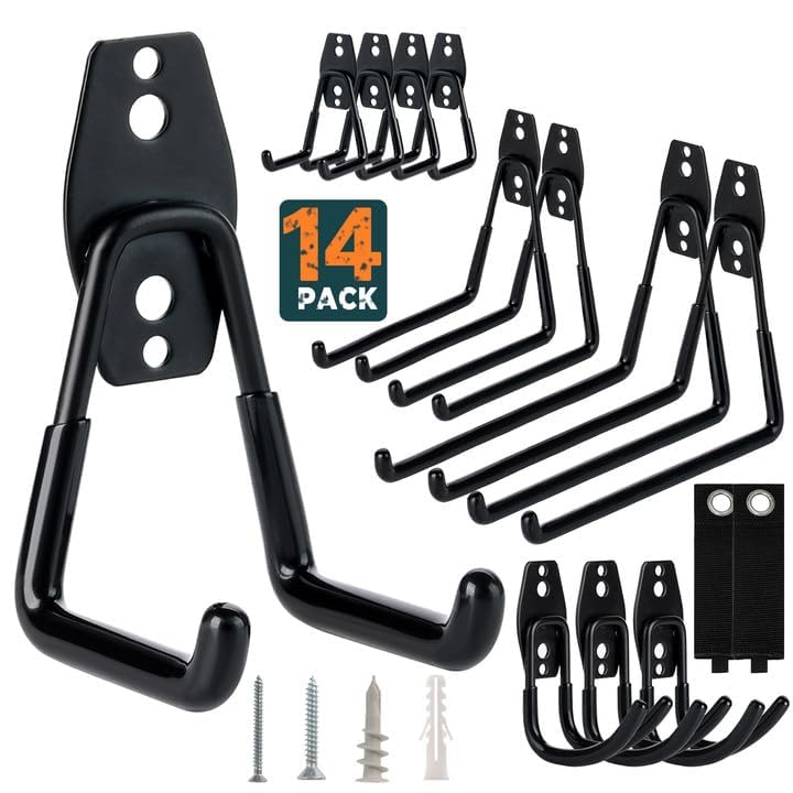 gamtrik 14-Pack Utility Garage Hooks for Hanging- Heavy Duty Garage Wall Hooks, Wall Mount Hooks, Garage Storage Hooks Organization Tool for Garden, Ladders, Bikes Garage Organizers Storage