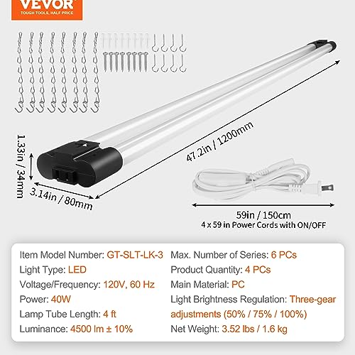 VEVOR 4 Pack LED Shop Light, 4 FT, 40W Linkable Shop Light Fixture, 4500 LM Surface & Hanging Mount Ceiling Lights 59 in Power Cords with ON/Off Switch, for Garage Warehouse Home Workkshop and Office