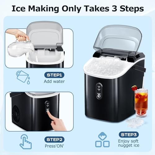 ZAFRO Nugget Ice Maker Countertop with Handle, Stainless Steel ice Machine with Self-Cleaning, 35.5Lbs/24Hrs, Chewable Ice Cubes, with Ice Basket/Ice Scoop for Home/Office/Bar/Party, Black