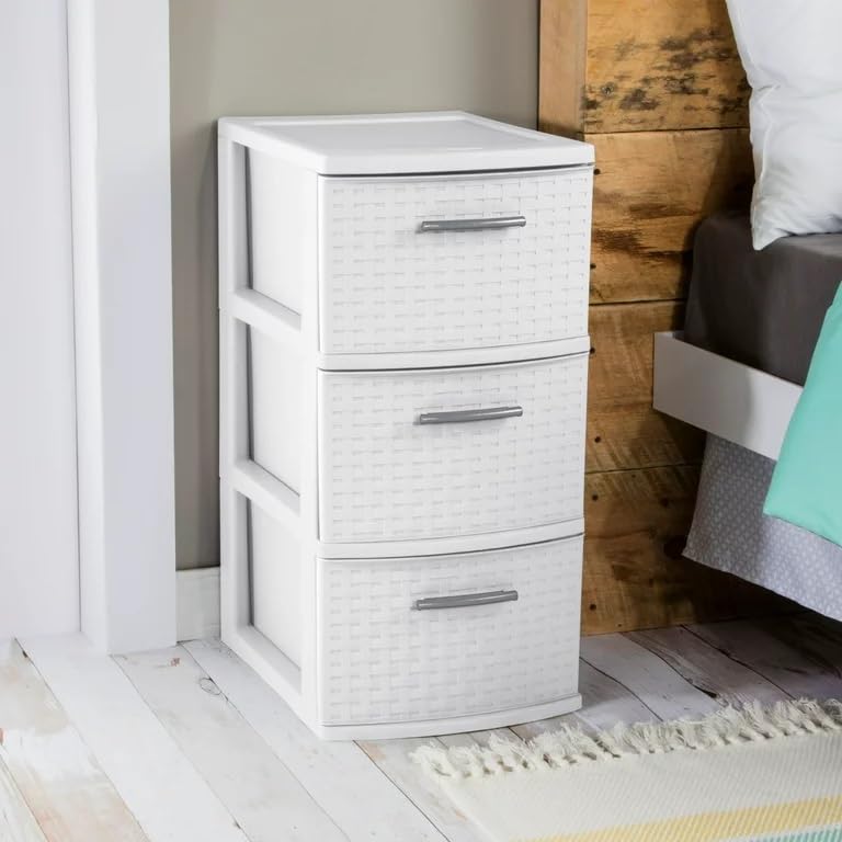 3-Drawer Wide Weave Design Storage Tower, White Frame & Drawers w/Driftwood Handles, Brown, Case of 1 (White)