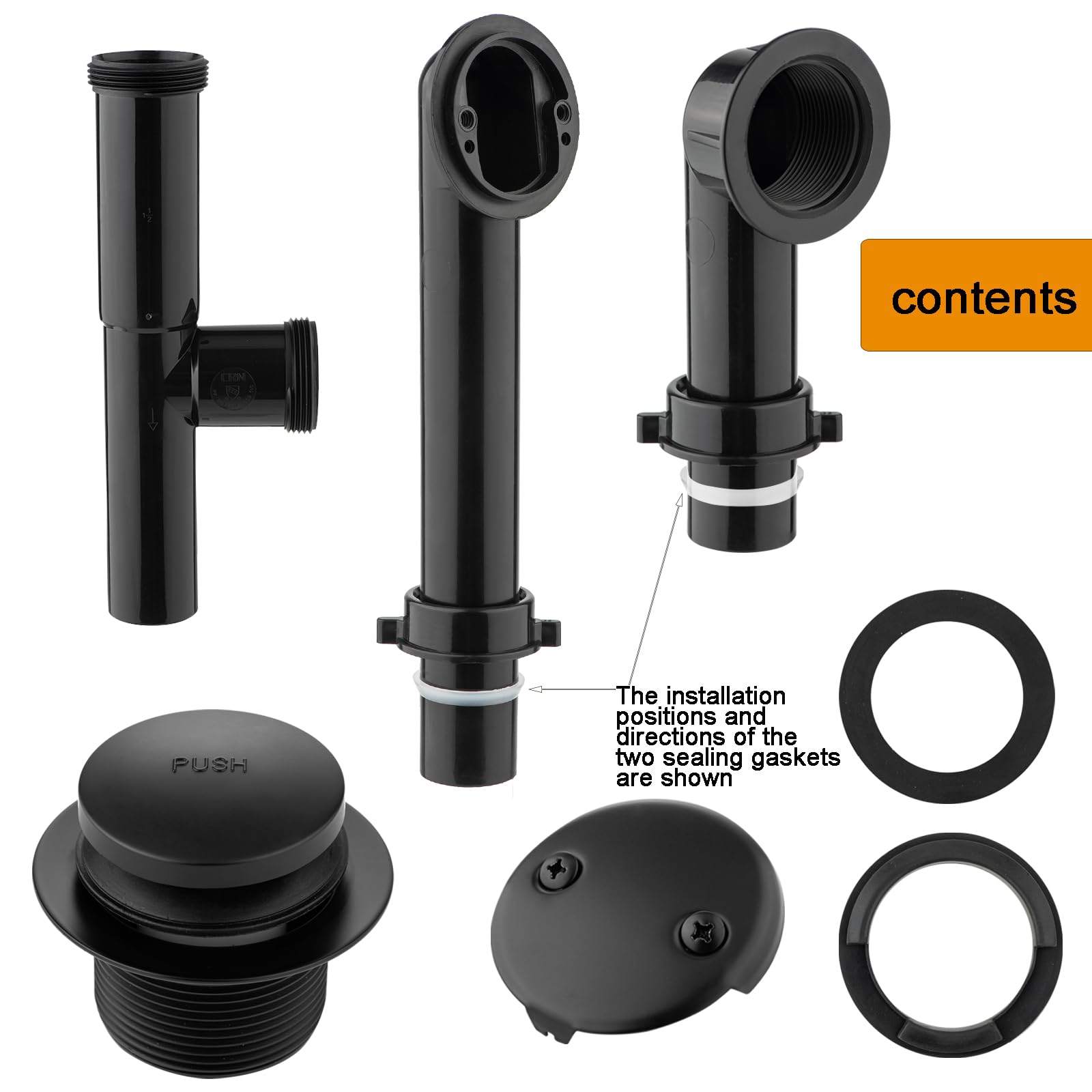 (1 Pack) Yariwiz 1-1/2" Matte Black Bathtub Tub Drain Kit Bath Waste Overflow Drain Tube Assembly with Touch-Toe Tub Drain Stopper and Overflow Faceplate Matte Black