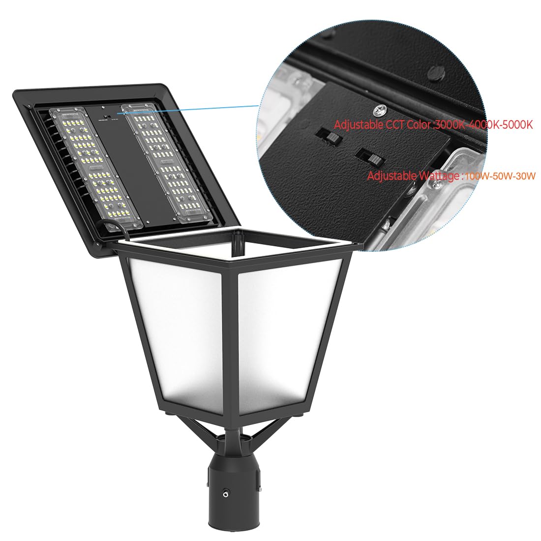 LED Top Pole Parking Lot Light, Commercial Area Street Lights AC100-277V, 30W-50W-100W Power Tunable,3000K-4000K-5000K CCT Color Tunable, IP65 Waterproof LED Post Top Lmap