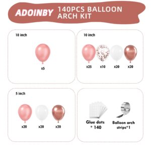 ADOINBY Rose Gold Balloons Arch Kit, 140Pcs Metallic Rose Gold White Balloon 18 12 10 5 Inch Different Size Balloons Garland Kit for Birthday Party Bridal Shower Wedding Girls Engagement Decorations