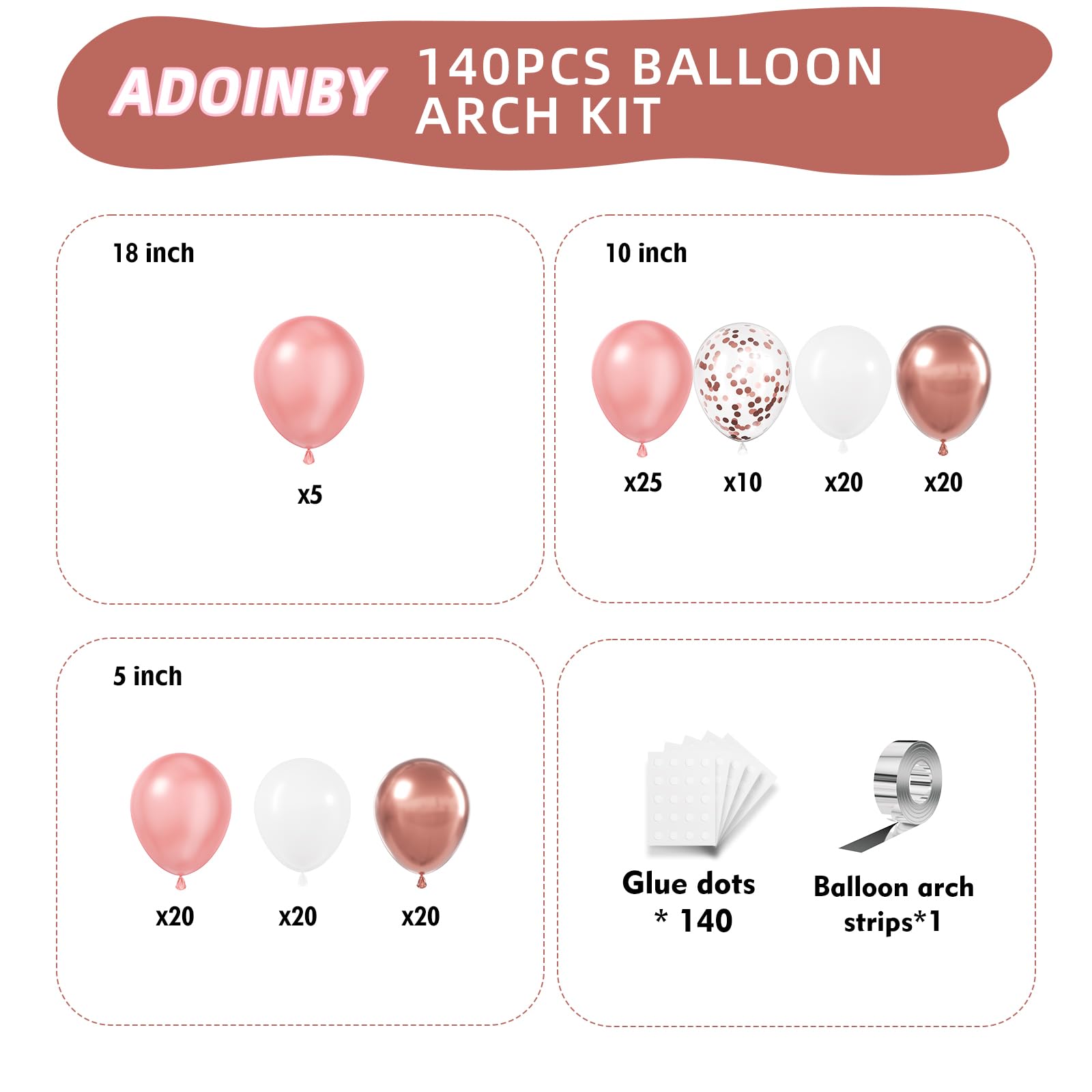 ADOINBY Rose Gold Balloons Arch Kit, 140Pcs Metallic Rose Gold White Balloon 18 12 10 5 Inch Different Size Balloons Garland Kit for Birthday Party Bridal Shower Wedding Girls Engagement Decorations