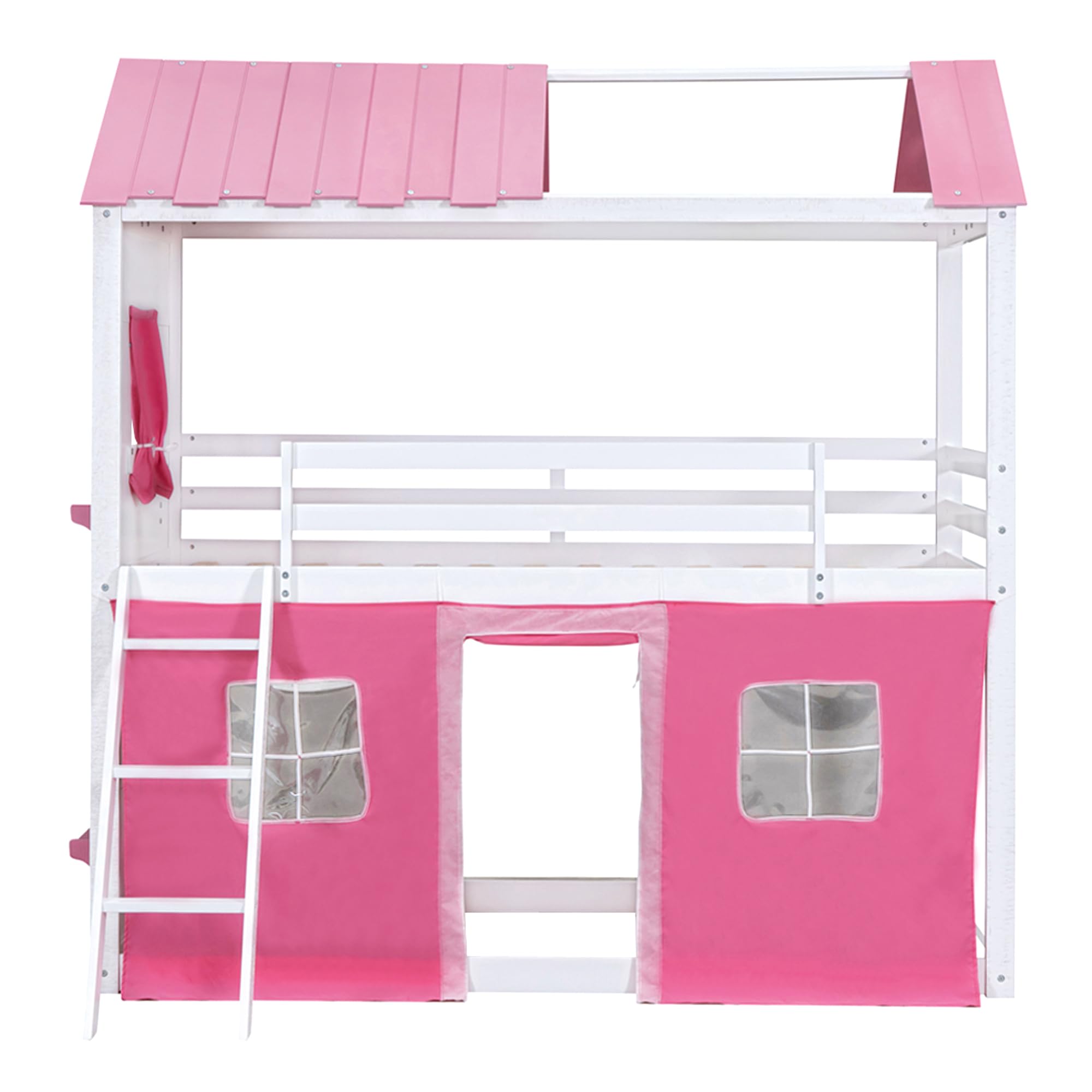 Harper & Bright Designs Full Over Full Bunk Beds for Kids,Wood Sweet Heart Novelty Bunk Bed with Elegant Windows, Sills and Tent,House Bunk Beds for Girls,Boys,Pink+White