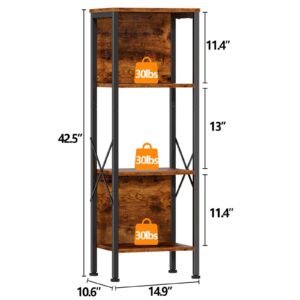 Furologee 4 Tier Small Bookshelf with Back, Short Narrow Bookcase with Shelves, Industrial Freestanding Shelf Units, Metal and Wooden Display Storage Rack for Bedroom, Living Room, Office, Entryway