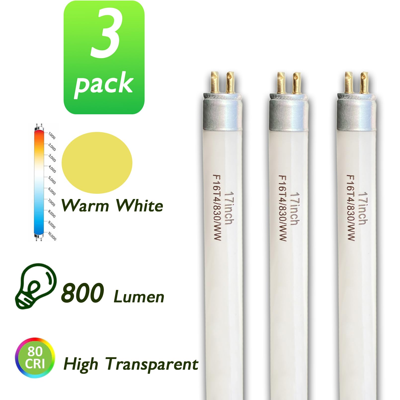 17'' T4 16W Warm White Fluorescent Bulb Replacement Furnlite FC-952 Light,Westek 20125 - FA200WBC,16 Watt 120V Linear 3000K FC-953,G5 Base (3 Pack)