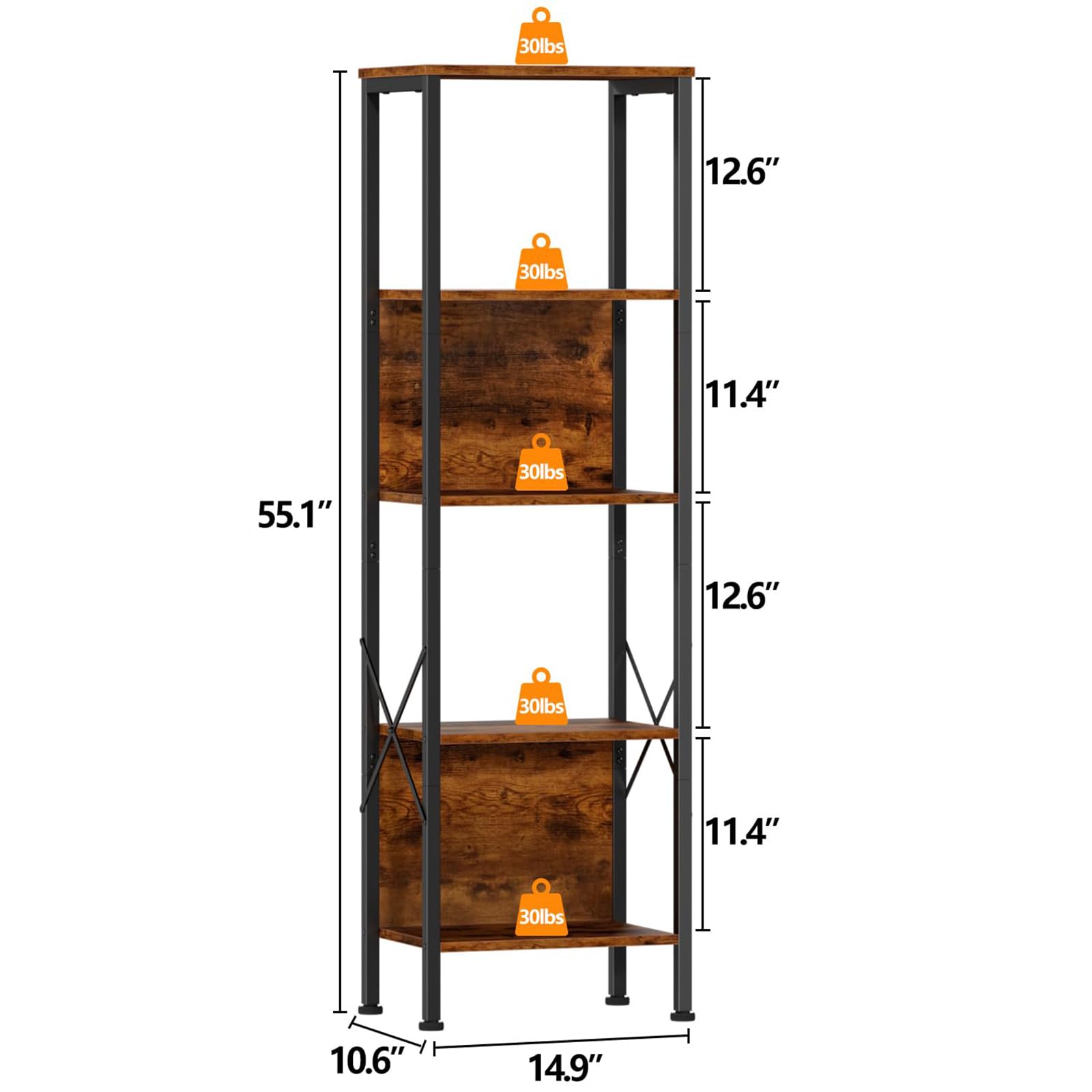 Furologee 5 Tier Bookshelf with Back, Tall Narrow Bookcase, Rustic Standing Shelf Units, Metal and Wood Display Storage Rack Organizer for Bedroom, Living Room, Home Office, Entryway